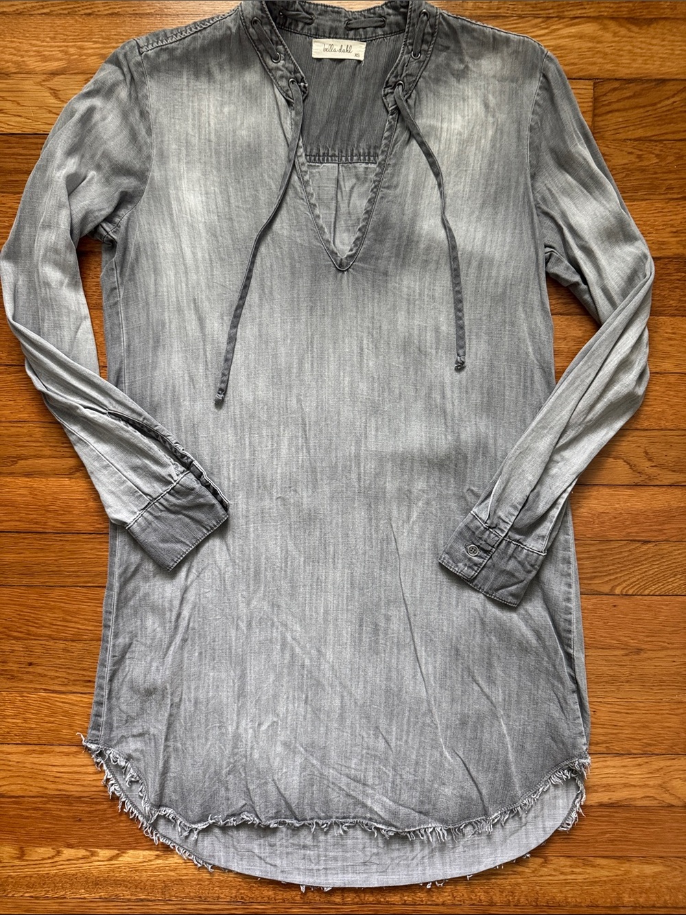 Bella Dahl Washed Gray Tunic Shirt Dress with Frayed Hem
